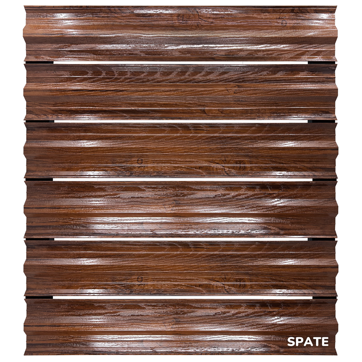 Prim-plan al modelului SIMETRICA Sipca Metalica cu finisaj de imitație lemn dublu în culoare Nuc Striat Dublu, disponibil pe www.sipca.ro, fabricat de Top Profil Sistem.