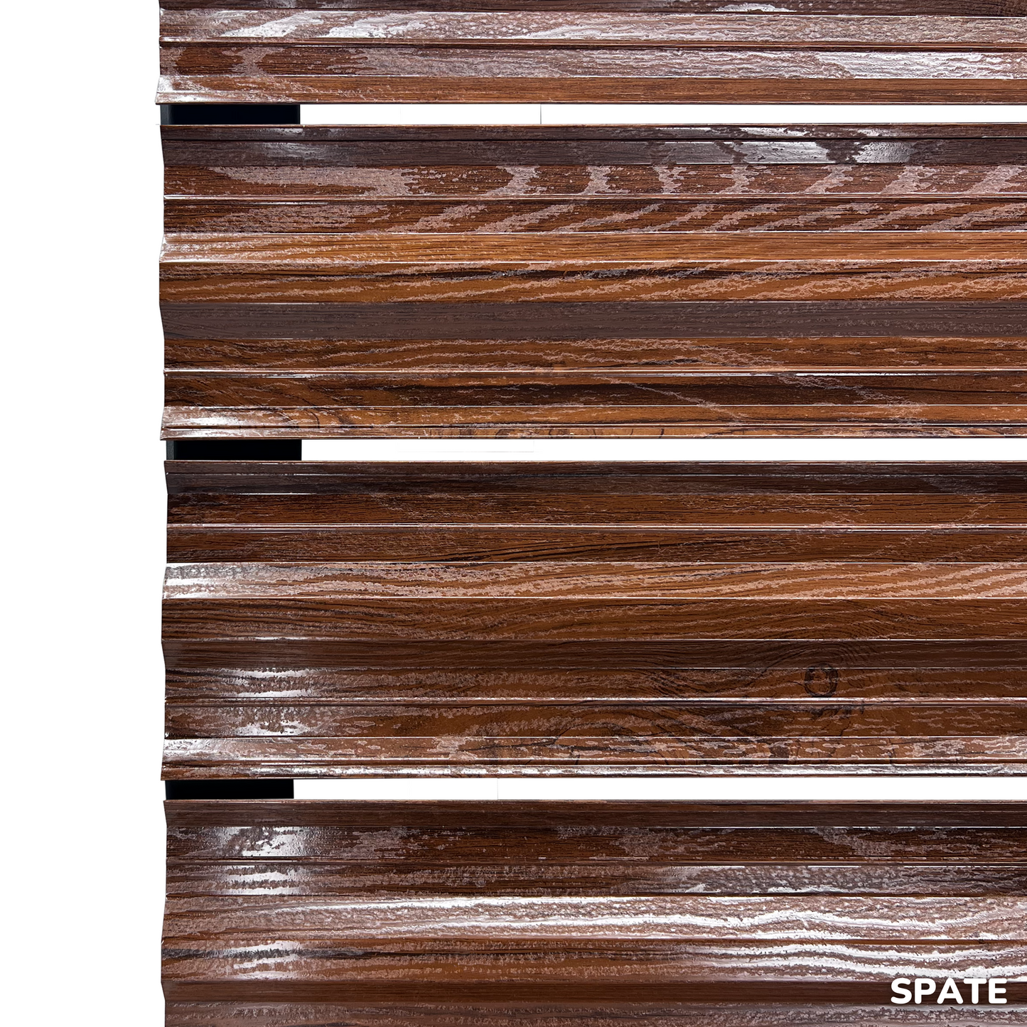 Prim-plan al modelului SIMETRICA Sipca Metalica cu finisaj de imitație lemn dublu în culoare Nuc Striat Dublu, disponibil pe www.sipca.ro, fabricat de Top Profil Sistem.