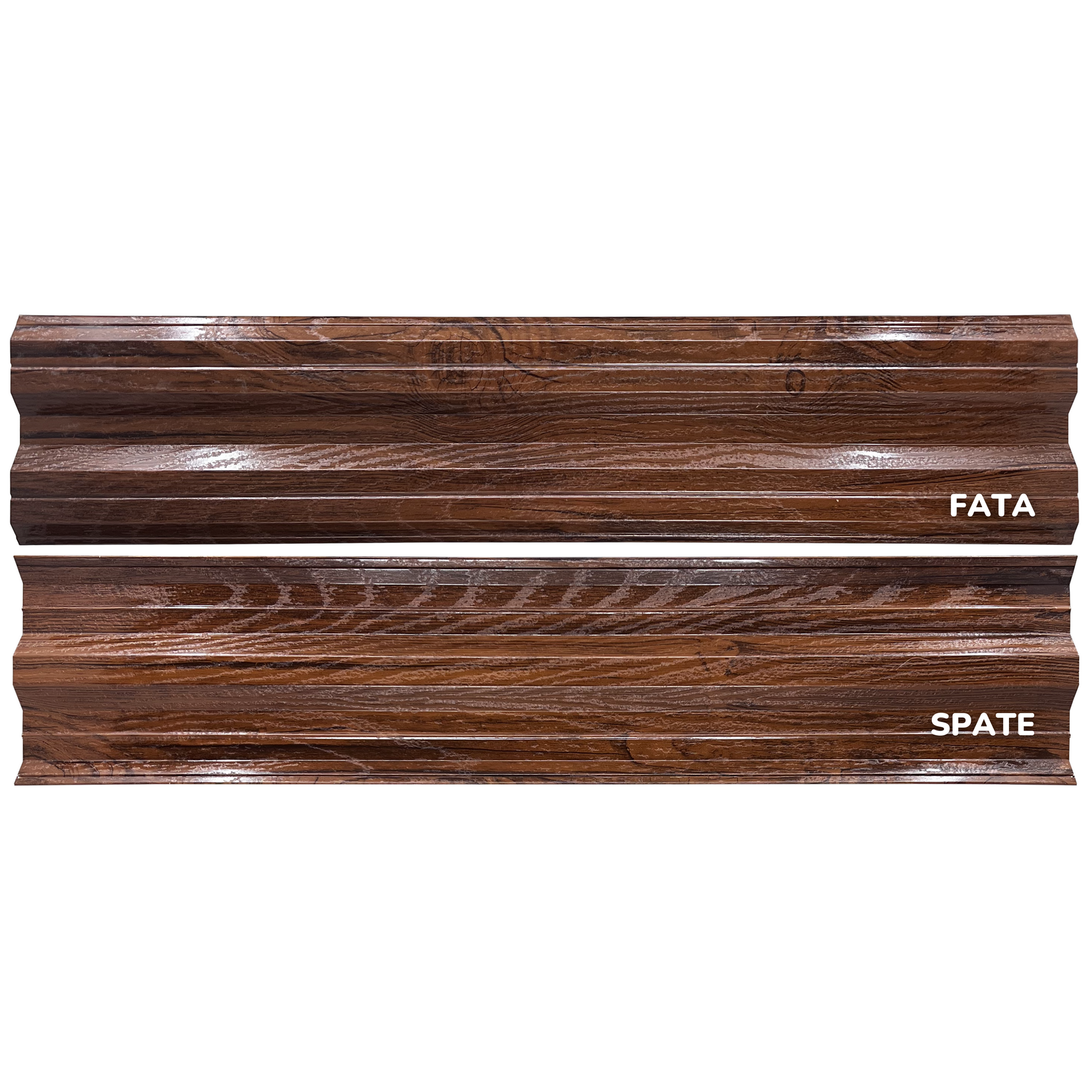 Prim-plan al modelului SIMETRICA Sipca Metalica cu finisaj de imitație lemn dublu în culoare Nuc Striat Dublu, disponibil pe www.sipca.ro, fabricat de Top Profil Sistem.