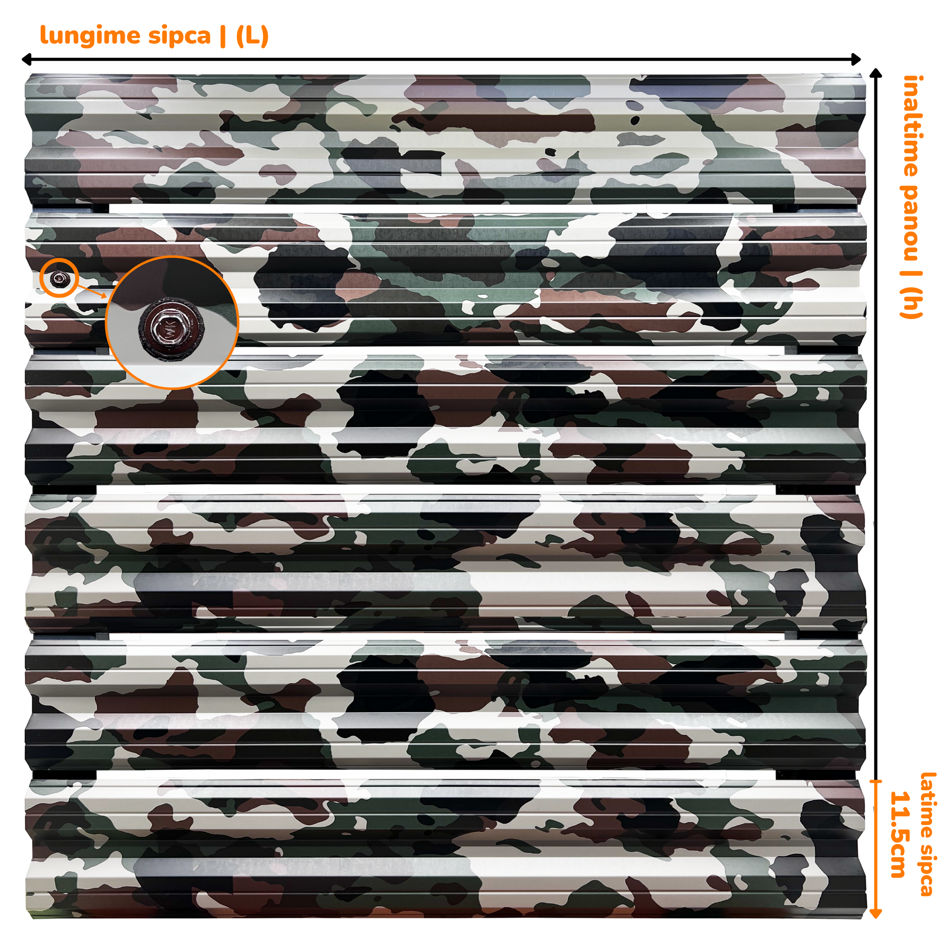 Prim-plan al modelului SIMETRICA Sipca Metalica cu finisaj de Print în culoare Camuflaj, disponibil pe www.sipca.ro, fabricat de Top Profil Sistem.