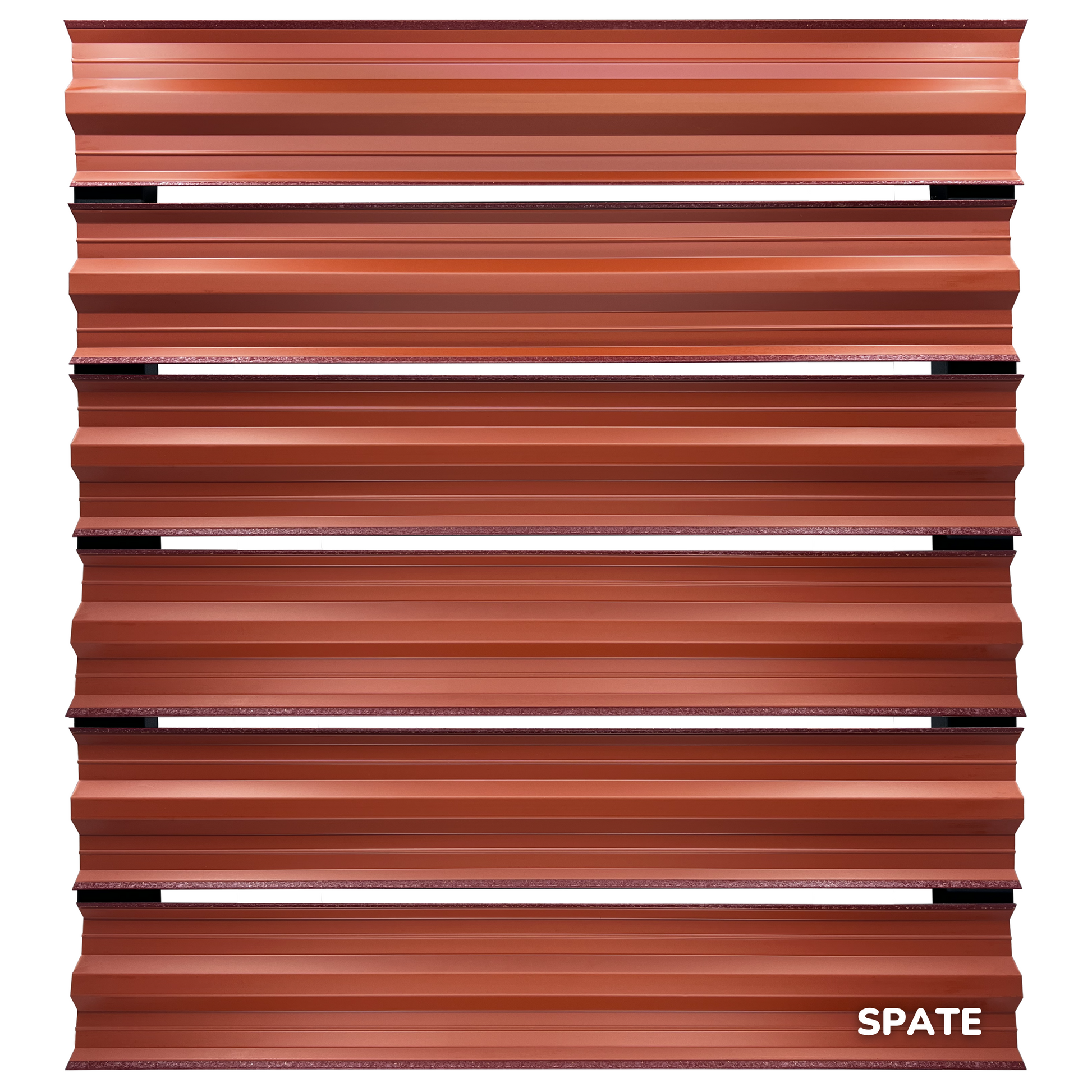 Prim-plan al modelului SIMETRICA Sipca Metalica cu finisaj de Hi-Mat în culoare Cărămidă Roșie RAL 3009, disponibil pe www.sipca.ro, fabricat de Top Profil Sistem.