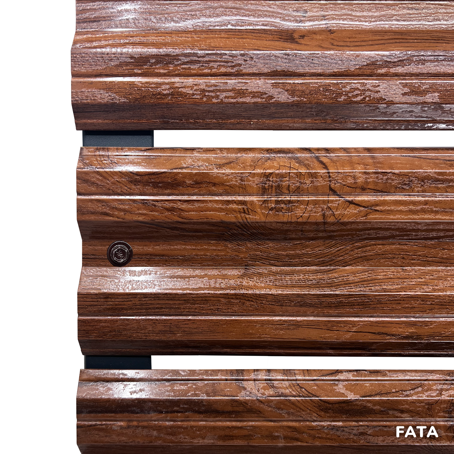 Prim-plan al modelului SIMETRICA Sipca Metalica cu finisaj de imitație lemn dublu în culoare Nuc Striat Dublu, disponibil pe www.sipca.ro, fabricat de Top Profil Sistem.