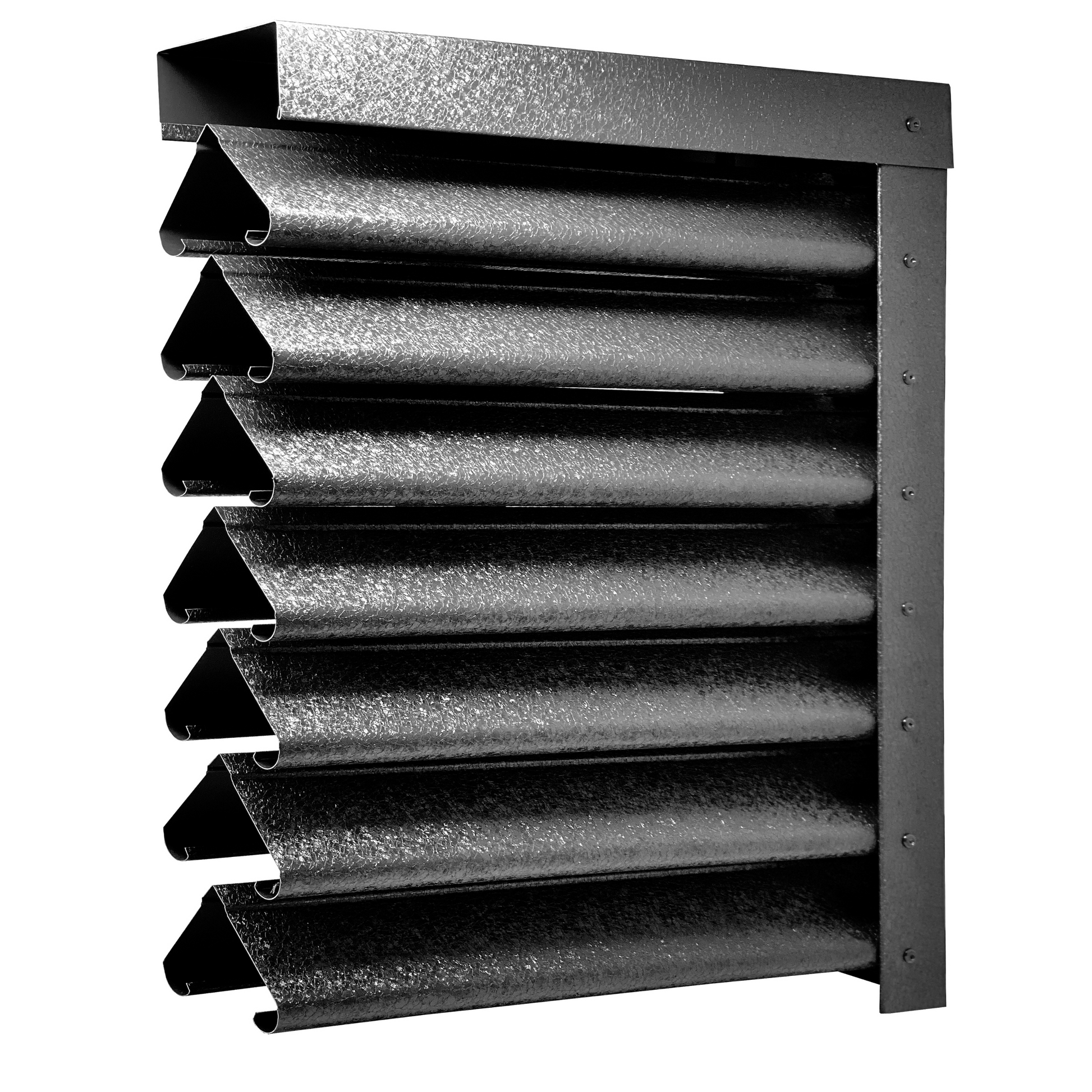 Prim-plan al modelului PIRAMIDA Gard Jaluzele cu finisaj de Hi-Mat în culoare Negru de Noapte RAL 9005, disponibil pe www.jaluzelegard.ro, fabricat de Top Profil Sistem.