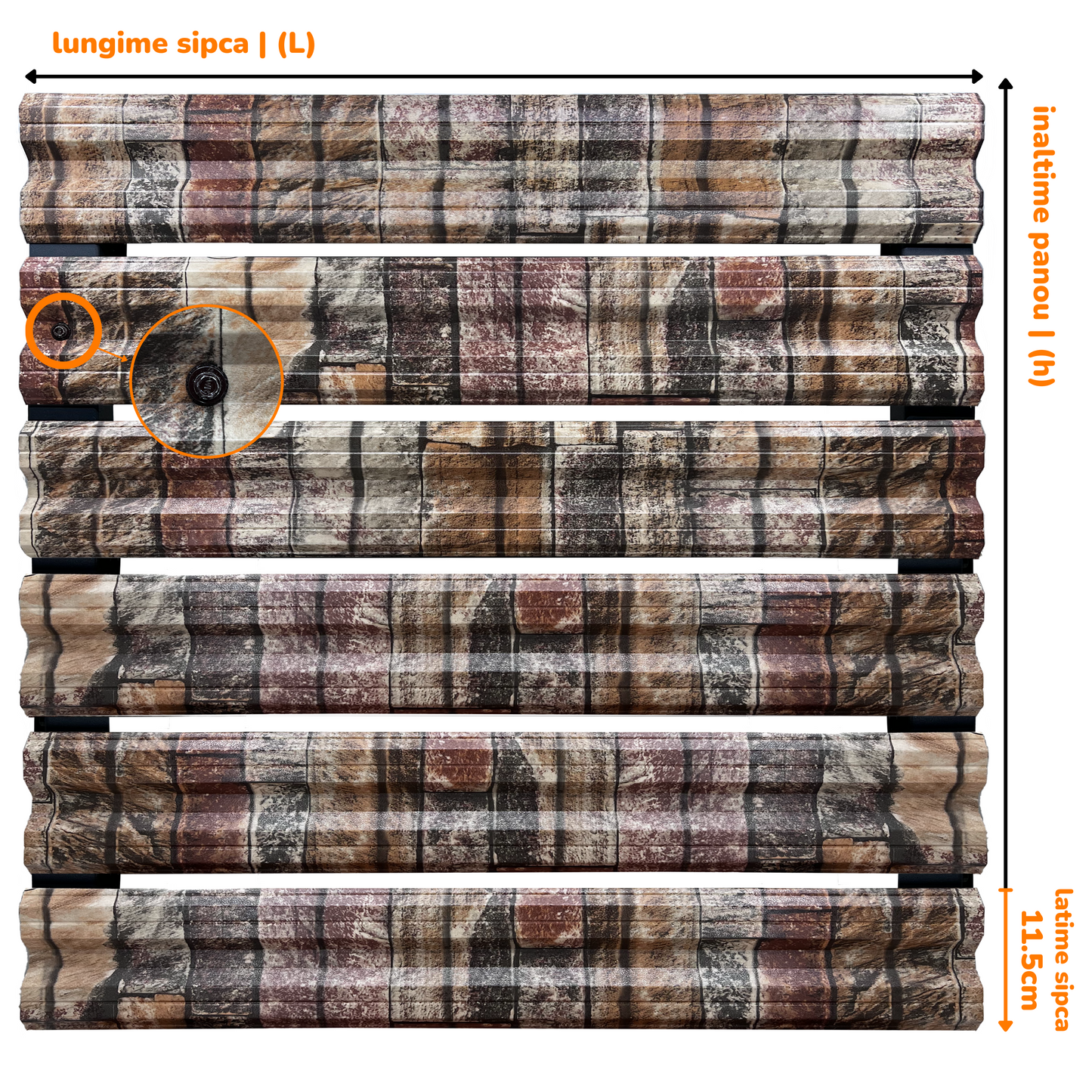 Prim-plan al modelului SIMETRICA Sipca Metalica cu finisaj de Imitație Piatra în culoare Zid Granit, disponibil pe www.sipca.ro, fabricat de Top Profil Sistem.